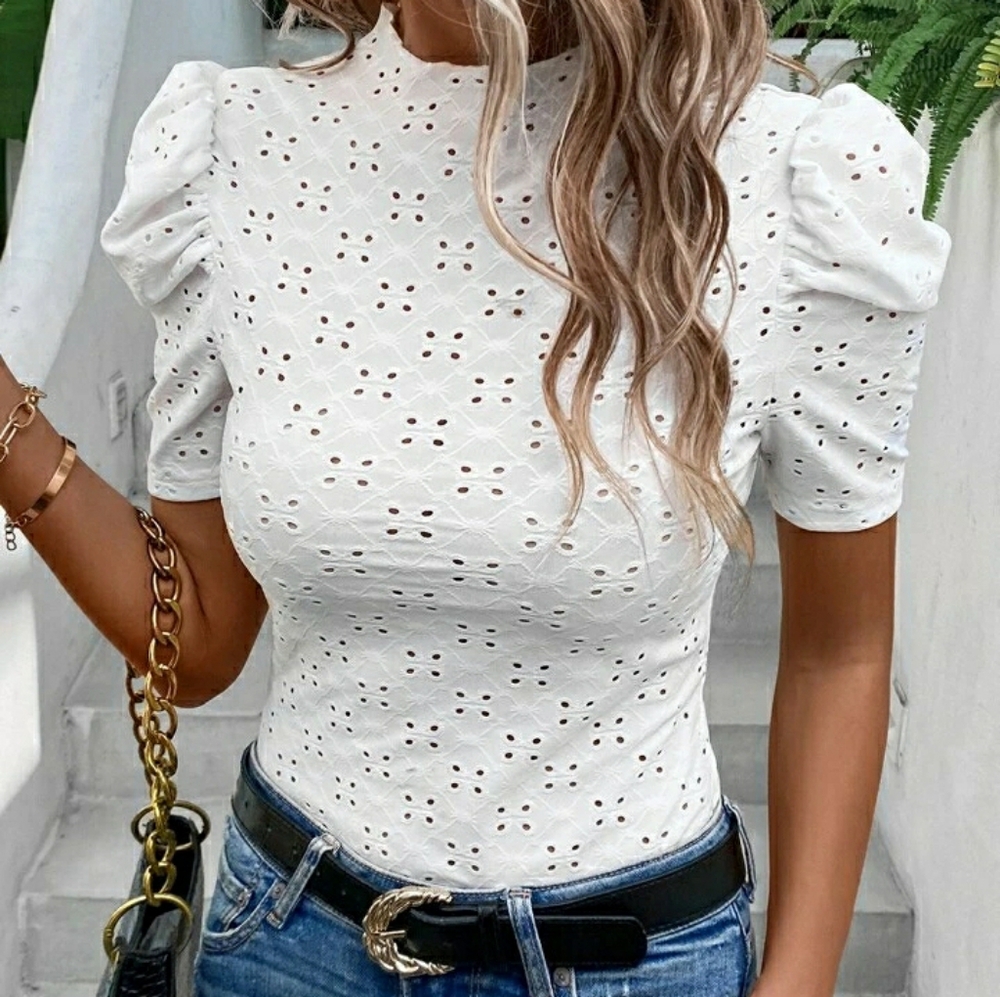 SHEIN Women's White Eyelet Puff Sleeve Blouse